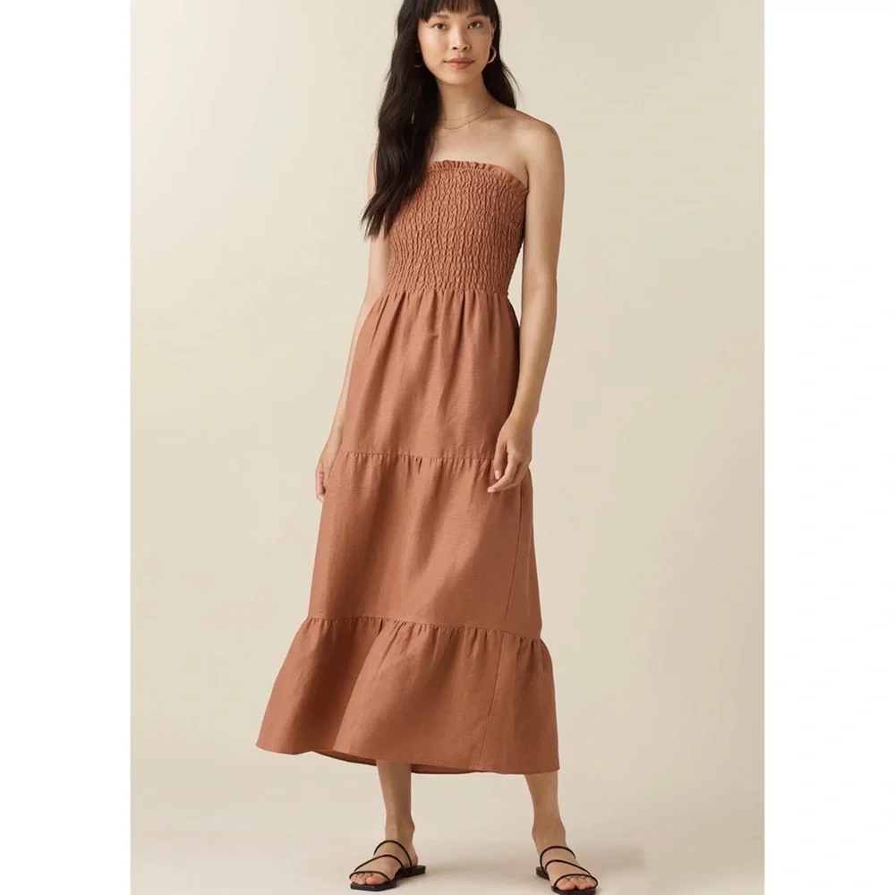 Women's Tan Smocked Maxi Dress - Picture 2 of 10